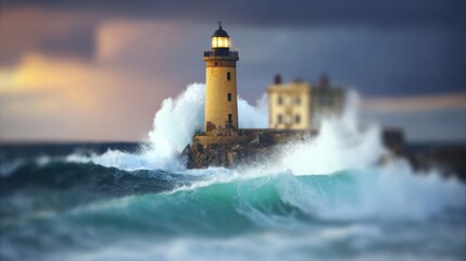 Obraz premium Waves crash near a lighthouse during a stormy evening at the coast