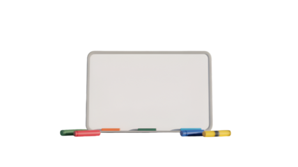 Whiteboard with markers and erasers isolated on transparent background