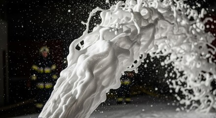 Slowmotion capture of flushing foam exiting a fire nozzle highlighting foam texture and flow dynamics in safety drills.