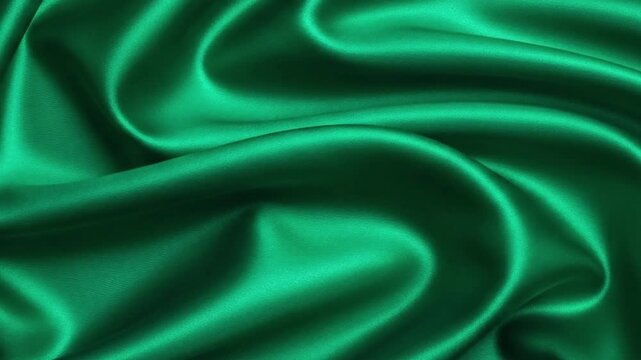 Elegant emerald green silk fabric flowing with movement, perfect for fashion designs, shimmering texture, luxurious drape, and opulent styles