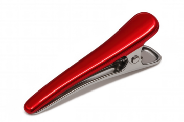 Shiny red hair clip with metallic parts, isolated on transparent background, ready for your designs