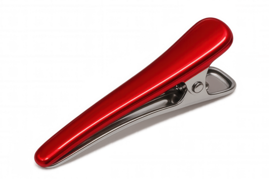 Shiny red hair clip with metallic parts, isolated on transparent background, ready for your designs