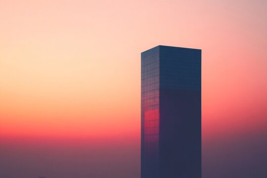 Glass skyscraper reflecting vibrant colors of the sunset, capturing the essence of modern architecture in minimalist cityscape photography