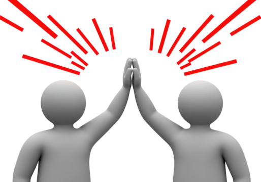 Isolated Illustration of Two Gray Stick Figures High Fiving with Red Celebration Lines, Representing Teamwork, Achievement, and Partnership