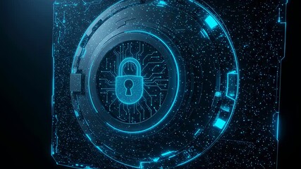 Blue glowing padlock on a dark digital circuit board platform, showing secure data processing and privacy concept footage. - Powered by Adobe