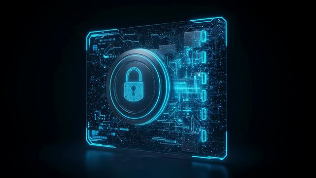 Digital security padlock on a futuristic circuit board. Cyber protection concept with glowing blue lines and data flow. Secure artificial intelligence network footage.