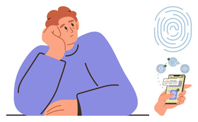 Thoughtful man rests head on hand as phone shows fingerprint verification, padlock, and online approval. Ideal for security, privacy, technology, identity, authentication, user experience modern