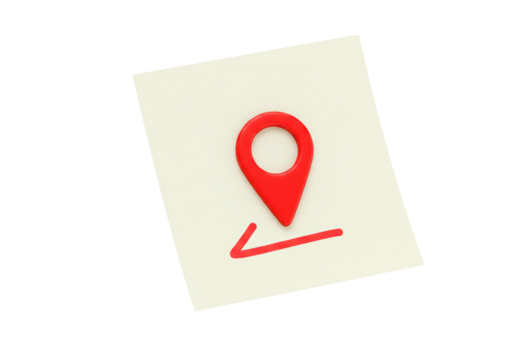 Isolated Red Location Pin on a Sticky Note, Suggesting Directions or a Specific Route