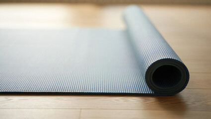 Unrolled yoga mat on a wooden floor, ready for exercise and relaxation
