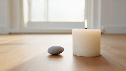 Candle and stone on wooden floor near window for meditation and relaxation