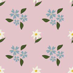 Seamless vector pattern featuring delicate pale blue and off white flowers with green leaves on a soft pink background, creating a charming and minimalist floral design.
