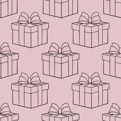 Seamless vector pattern of minimalist gift boxes with bows on a pale pink background, perfect for festive packaging or wrapping paper design.