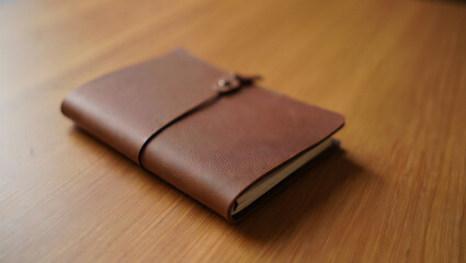 Brown leather notebook on a wooden table, perfect for journaling and writing