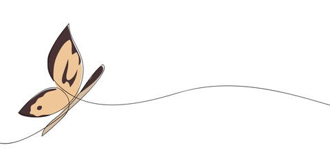 Minimalist line drawing with color accents of a butterfly in flight. Insect illustration for nature, springtime, wildlife, and decorative design concepts.