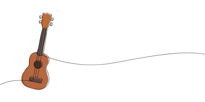 Minimalist continuous line drawing of ukulele. Black outline vector illustration for music, instrument, performance, entertainment, and artistic design concepts.