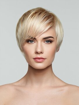Primer Plano de Belleza: Joven Modelo con Estilizado Cabello Pixie Rubio y Flequillo Asim&eacute;trico, Piel Radiante y Ojos Azules, Ideal para Campa&ntilde;as de Cuidado Capilar y Moda de Estilo Corto