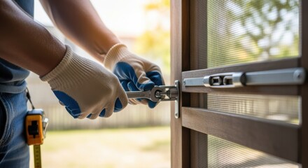 Stepbystep footage of a person measuring and adjusting a sagging screen door using a turnbuckle for perfect door balance.