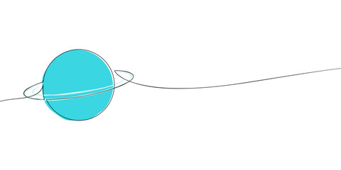 One line colored drawing of a blue planet with rings. Minimalist linear illustration. Astronomy, space and cosmic object concept for science, education and design.