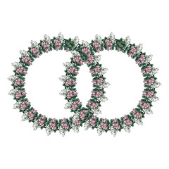 Elegant vector illustration of two intertwined oval frames adorned with delicate pink and white flowers and lush green leaves, perfect for wedding invitations or romantic designs.