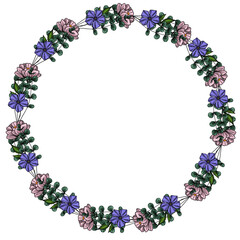 Elegant vector floral wreath design featuring delicate pink and purple flowers with eucalyptus leaves, perfect for invitations, cards, or decorative elements.
