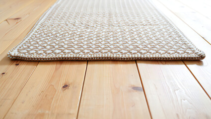 Close up of a woven rug on a wooden floor with neutral tones