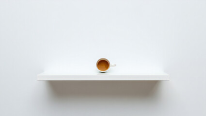 A cup of coffee on a white shelf isolated on white background