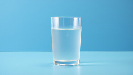 A clear glass of water against a blue background