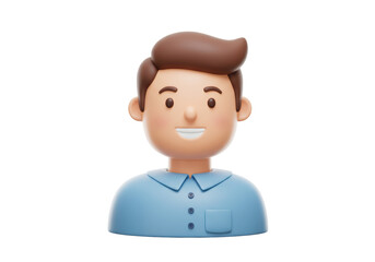 Isolated 3D rendering of a smiling man with brown hair and blue shirt
