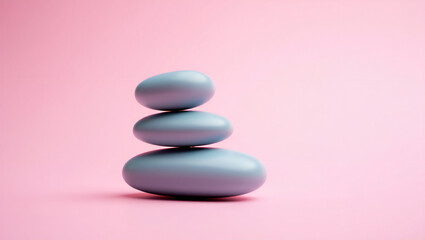 Three smooth stones stacked in a zenlike balance against a pink background