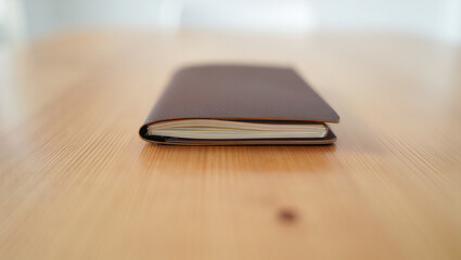 Brown leather notebook lying on a wooden table with a vintage and retro style