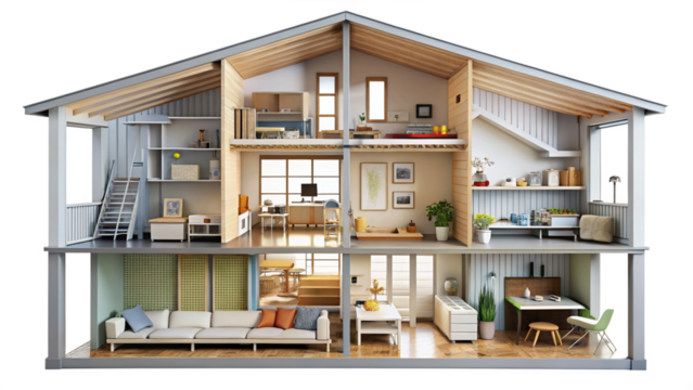 Detailed dollhouse interior cross section on transparent background - Powered by Adobe