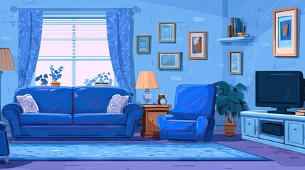 Cozy living room scene with blue furniture and decor.