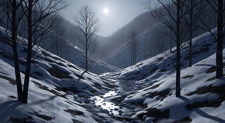 A snowy valley with a stream flowing through it and trees without leaves under a bright hazy sun ai generated