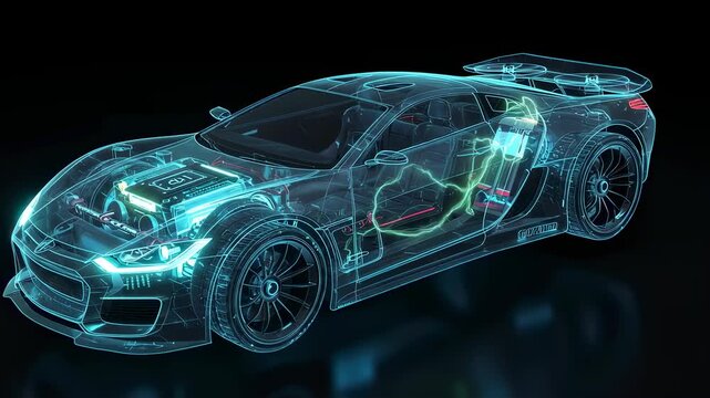 Futuristic car blueprint digital render visualization for automotive engineering and technology development footage.
