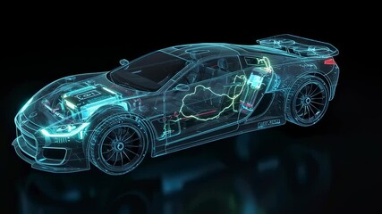 Digital wireframe car hologram rotating with glowing internal components and electric current simulation footage. - Powered by Adobe