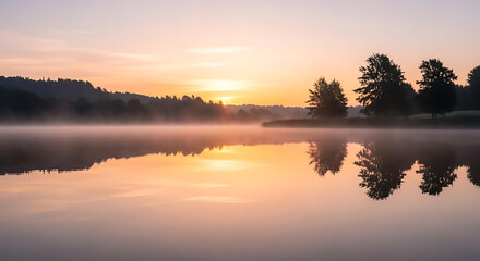 Fototapeta premium Misty morning lake reflecting sunrise with trees and hills in the background creating a peaceful scene ai generated