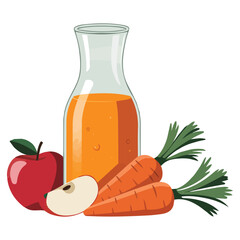 Fresh apple carrot juice glass red apples piece carrot isolated vector illustration on white background