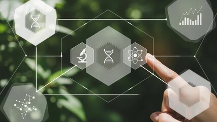 Finger touching science icons on transparent screen with dna microscope and graph on green background - Powered by Adobe