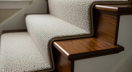 Side profile of a stair runner with a waterfall fold cascading over steps highlighting contrast between carpet texture and stair material.