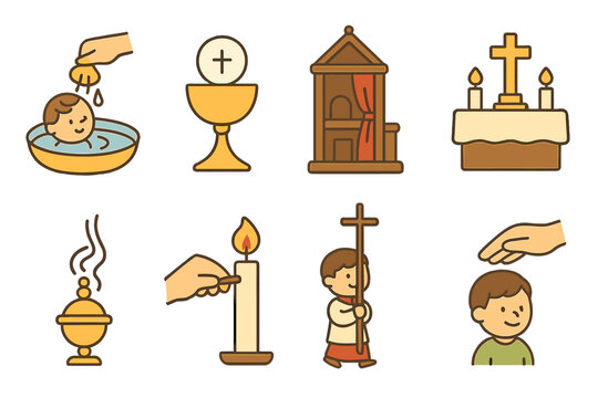 Children's Liturgy Icons. Flat vector mini-illustrations liturgy rituals in colors children's illustrations: baptism font,