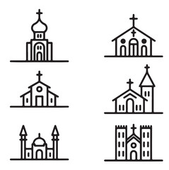 Set of vector icons of temples and churches of the major religions, Islam, Christianity, Judaism, Buddhism. Vector icons of Church buildings