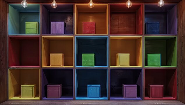 Colorful boxes in cubby shelves, lit interior, storage, organization