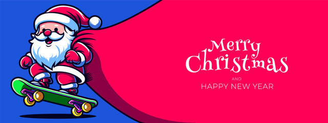 Santa Claus with bag. Santa with huge bag. Funny cartoon Santa Claus with huge red bag. Santa Claus pull sack. Santa Claus hold red big bag. Christmas banner background design with Santa character