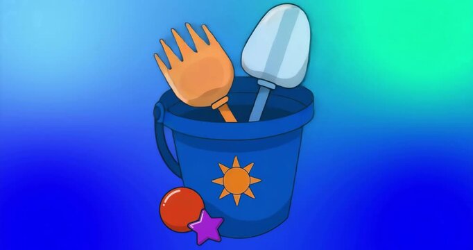 on start electric sparks flickering behind bucket holding rake and spade creating energetic scene