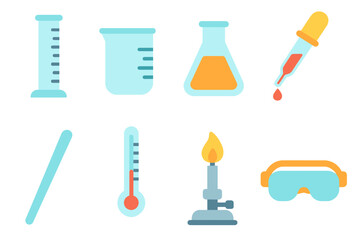Obraz premium Colorful Lab Tools. Flat vector mini-illustrations graduated cylinder lab tools in colors children's illustrations: test tube,