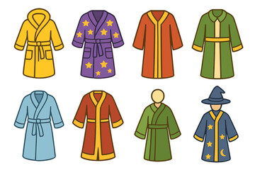 Colorful Robe Icons. Flat vector mini-illustrations robe uses in colors children's illustrations: bathrobe after shower, sleeping