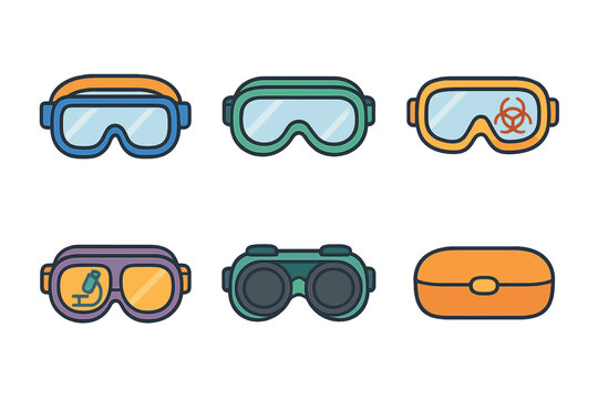Colorful Safety Goggles. Flat vector mini-illustrations science goggles in colors children's illustrations: lab goggles, safety