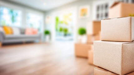 Moving boxes stacked in a bright living room with natural light streaming in
