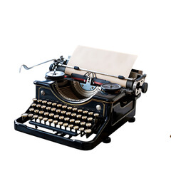 Vintage black typewriter with a blank paper on the roller, isolated on transparent background