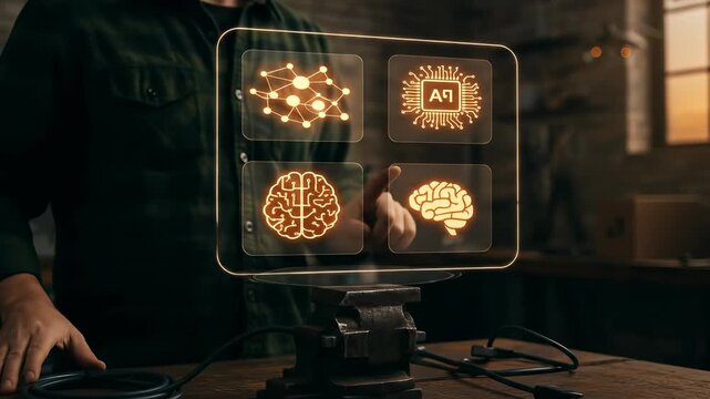 A man interacts with a glowing artificial intelligence holographic interface, visualizing concepts of machine learning, neural networks, and data in a workshop environment.